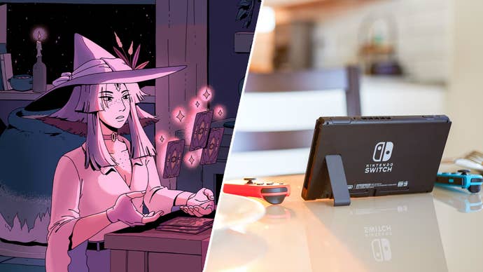 Fortuna in The Cosmic Wheel Sisterhood reading some tarot cards, next to the Nintendo Switch OLED on a table.