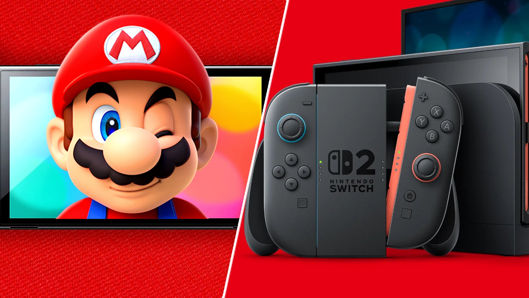 The Nintendo Switch 2 next to Mario coming out of a Switch 2 and doing a cheeky wink. - 1