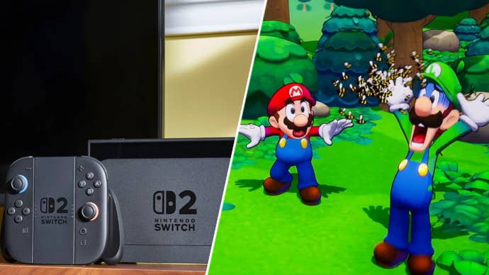 A Nintendo Switch 2 next to Mario and Luigi being attacked by bees in Mario and Luigi: Brothership.