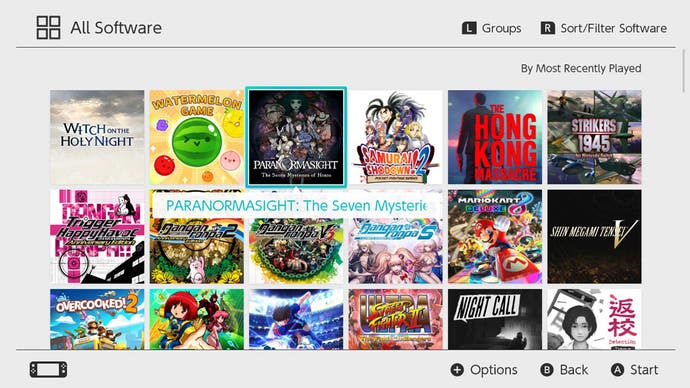 An example games library on a Switch console, showing a selection of digital and physical games.