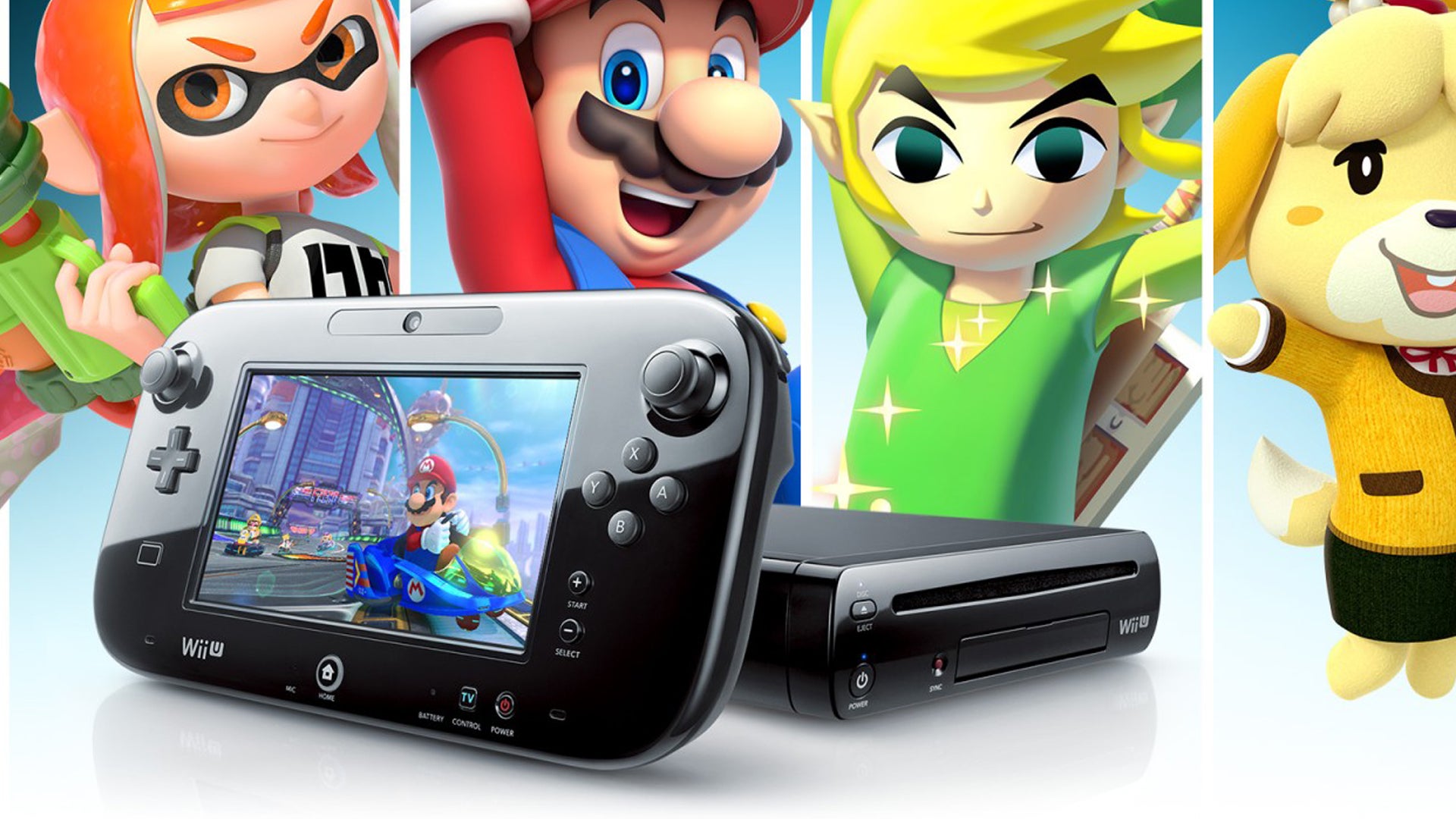 A Nintendo Wii U with Mario Kart 8 playing on the gamepad, images of a Splatoon squid kid, Mario, The Legend of Zelda: Wind Waker's Link, and Animal Crossing's Isabelle in the background. - 1