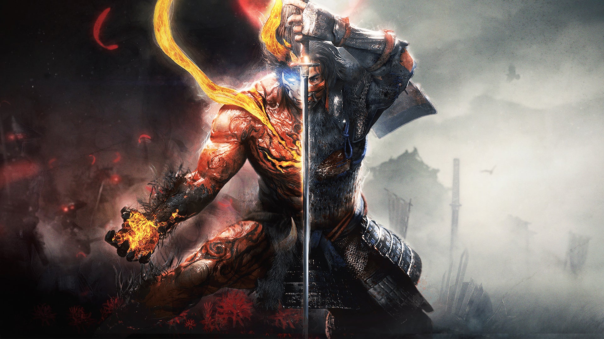 Nioh 2 character showing half their normal form and half of their yokai spirit - 9