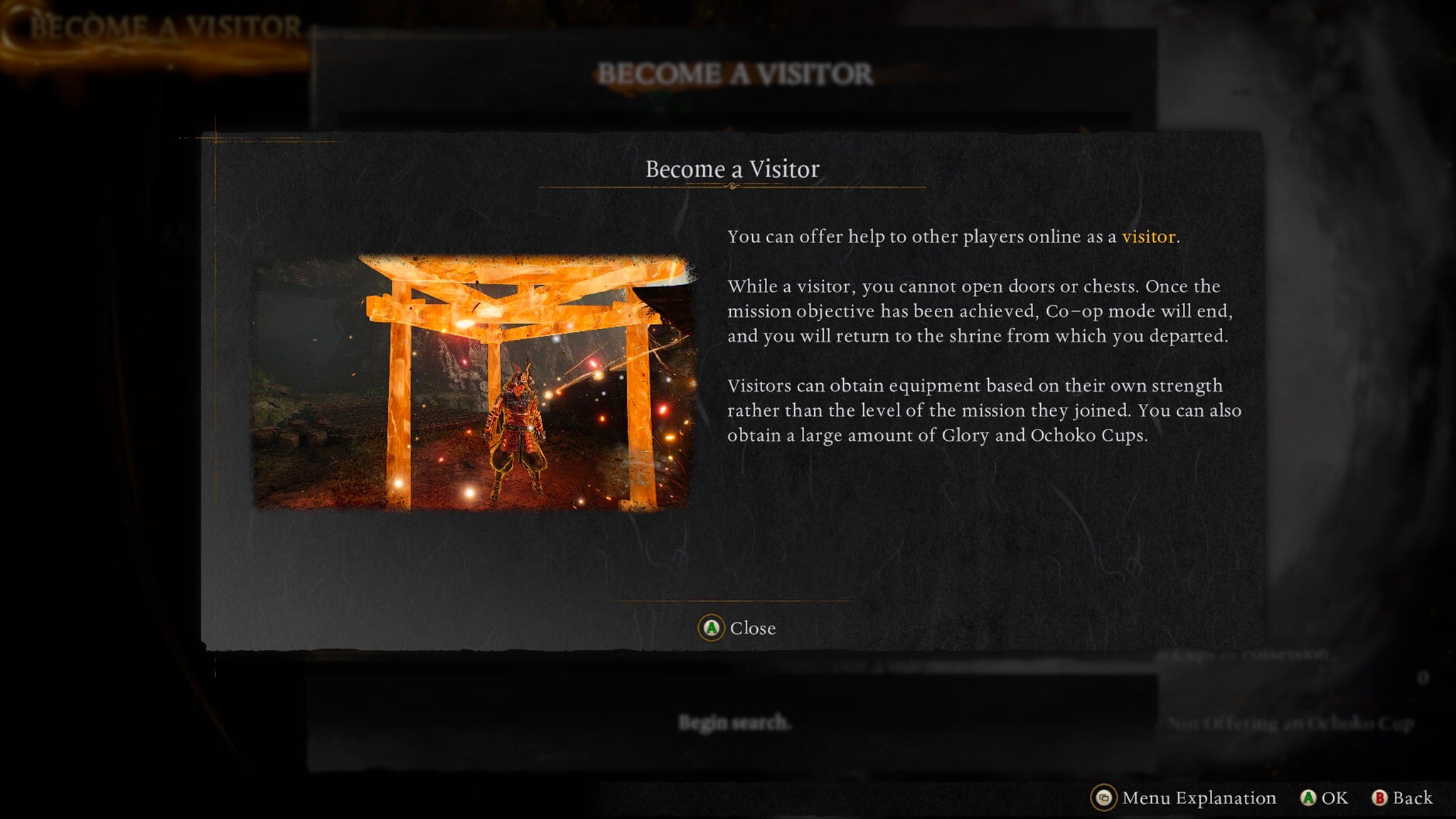 A menu in Nioh 3 which explains how the become a visitor feature works. - 5