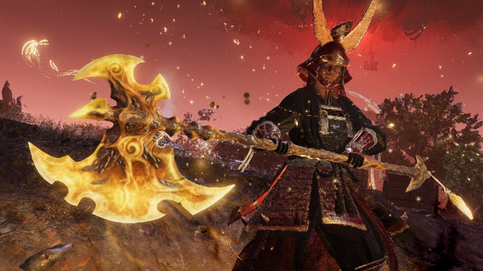 A player character in Nioh 3 wearing striking red armour holds an equally striking axe that glows with golden energy. - 1