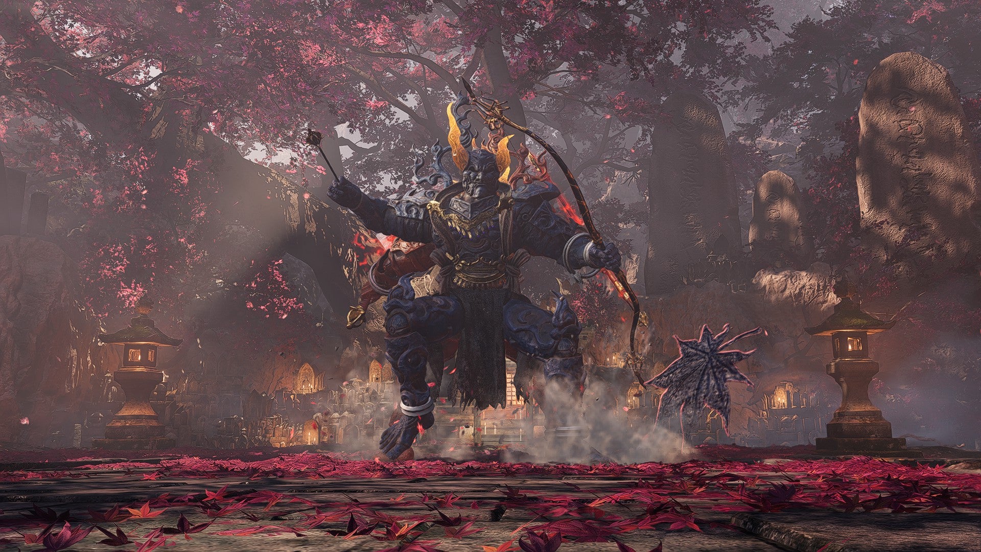 The multiarmed armoured boss Baba Nobuhara makes the earth quake in Nioh 3.