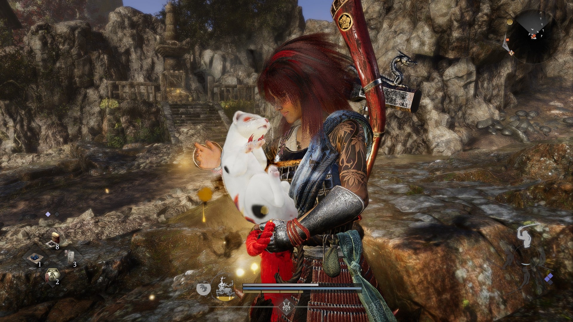 Takechiyo cuddles a Chijiko (a white otter yokai) in Nioh 3. - 10