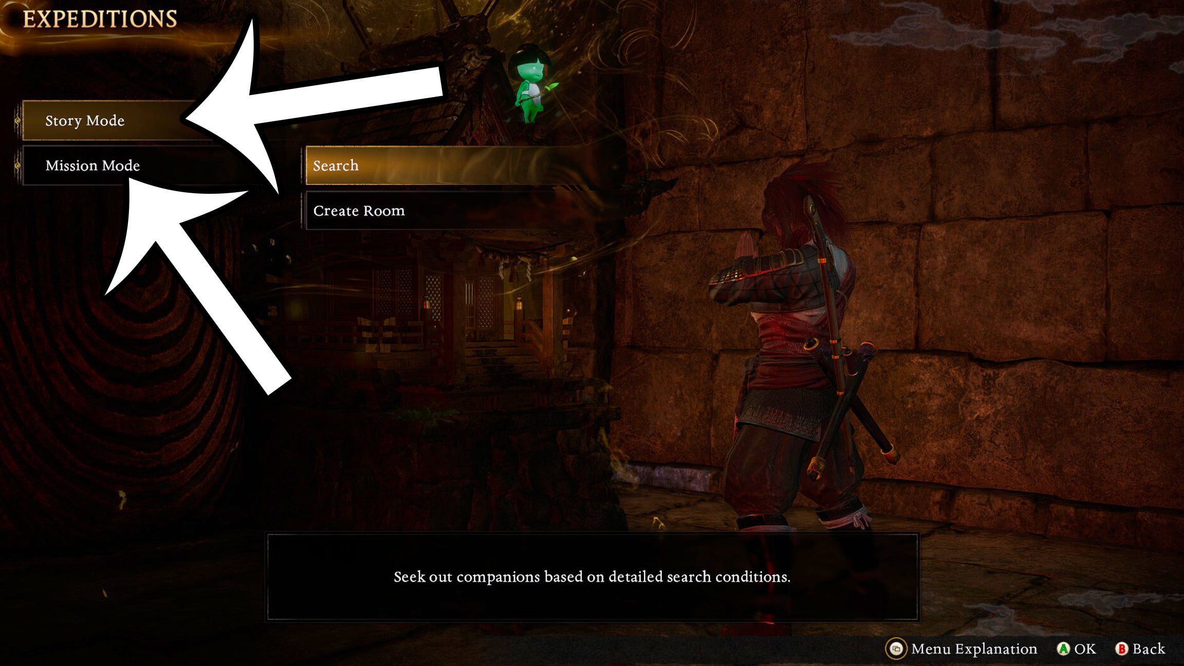 Arrows pointing at the story and mission modes options of the expeditions section of the co-op menu in Nioh 3. - 6