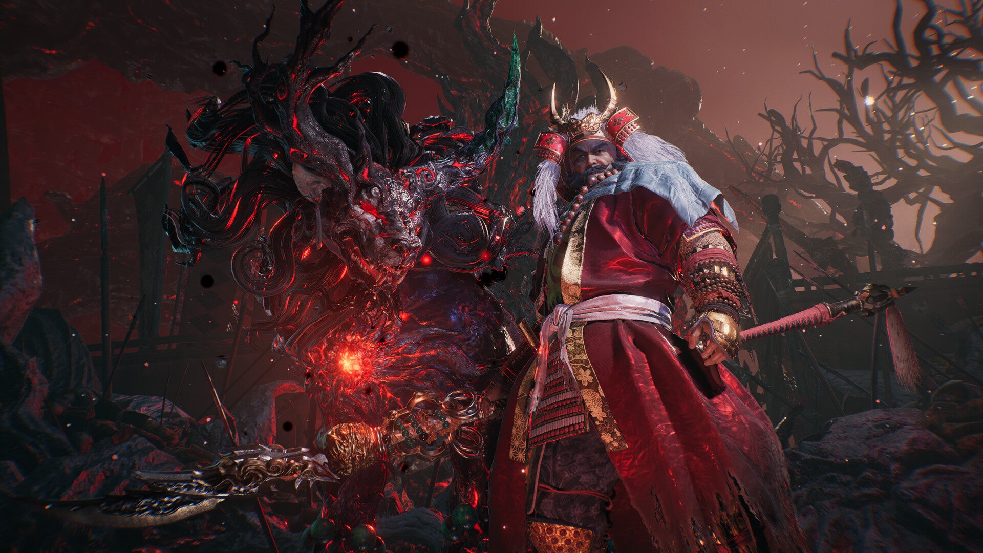A moustachioed warrior standing next to a strange creature in Nioh 3. - 1