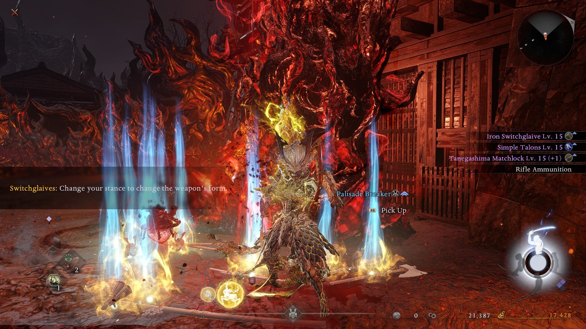 Piles of glowing loot and purple legendary gear greet the player after a successful battle in Nioh 3. - 14