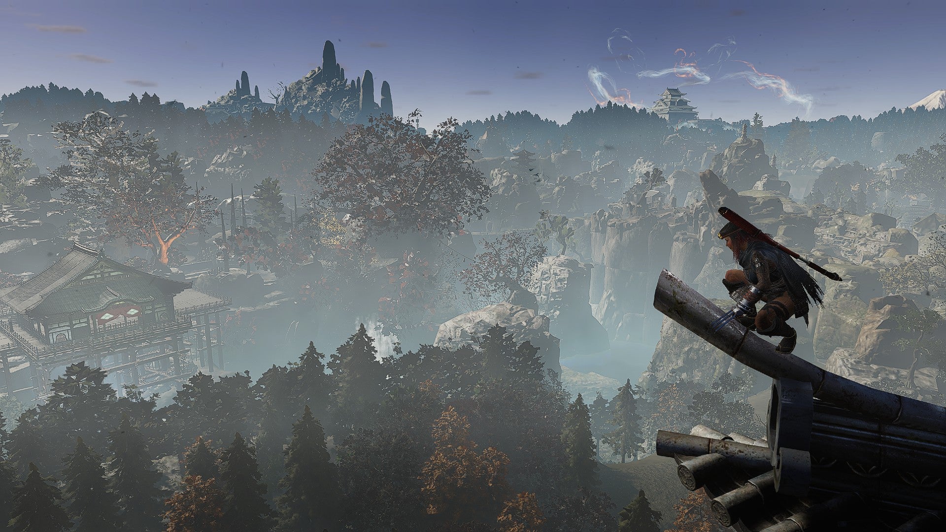 Takechiyo squats on a castle outcropping, overlooking the vast open world of Nioh 3. - 8