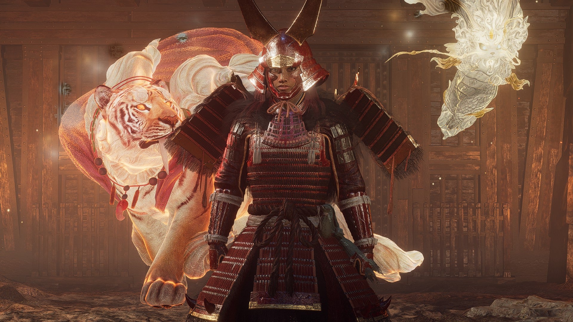 Takechiyo, in her Samurai form, stands in front of two glowing Guardian Spirits which take the form of a dog-like creature and a tiger in Nioh 3.