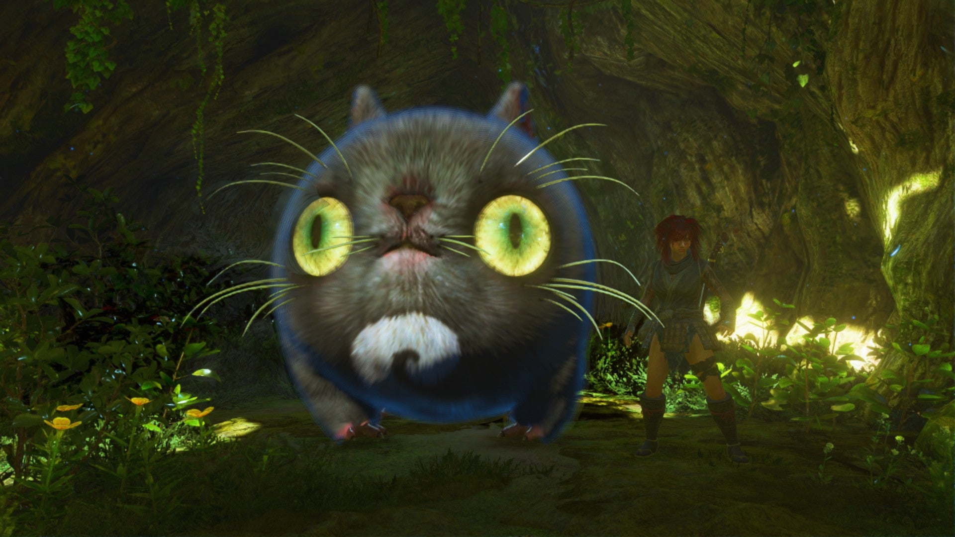 A huge Scampuss (which resembles a very chonky cat) stands next to the player in Nioh 3. - 9