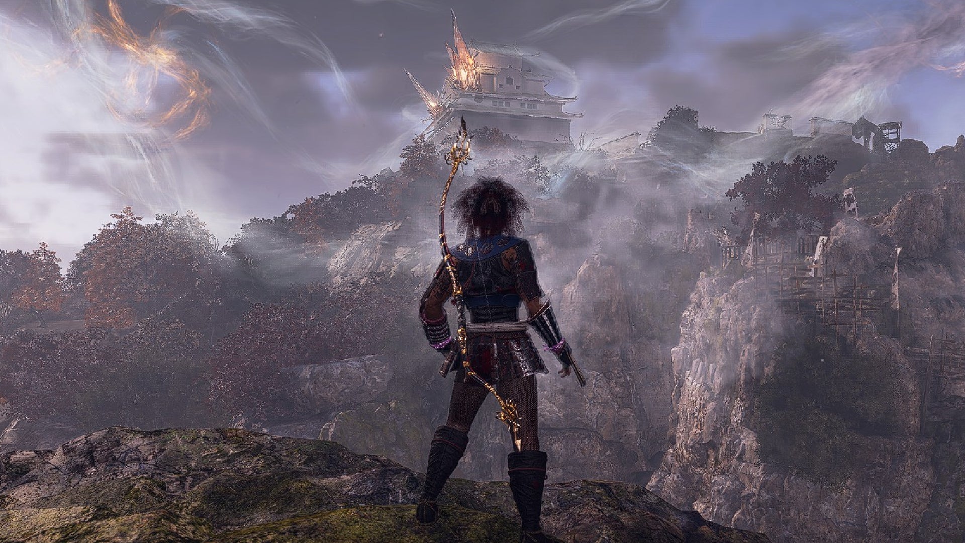 A heroine in Nioh 3 stands on a cliff overlooking a faraway castle with a spire of Amrita sticking out of its rooftop. - 1