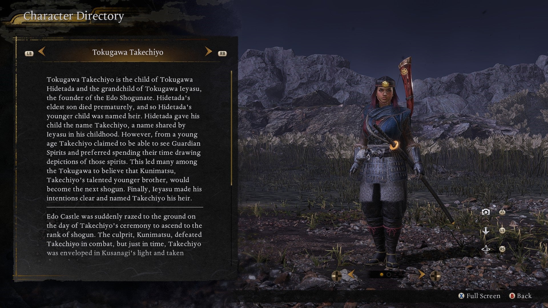 A bio entry for the main character, Tokugawa Takechiyo, in Nioh 3.