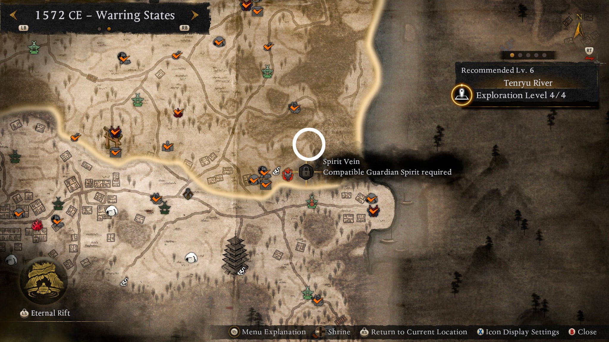 A map in Nioh 3 with an area highlighted that players need to head to if they want to take advantage of a hack that lets them reach the Tenryu River Crucible Wraith fight early. - 6