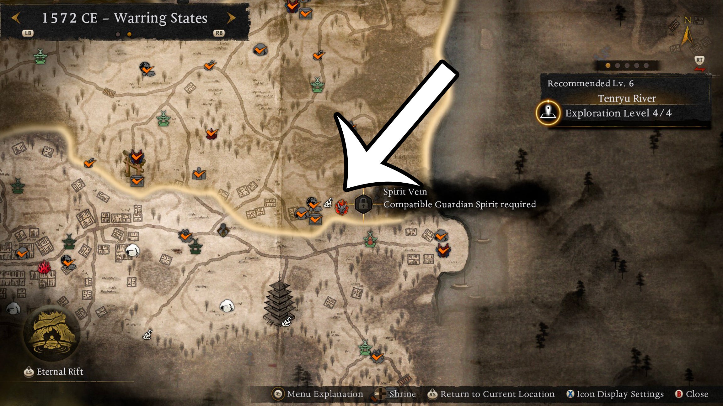 A map showing the location of the Tenryu River Crucible Wraith in Nioh 3, with an arrow pointing at the exact location of the enemy. - 4