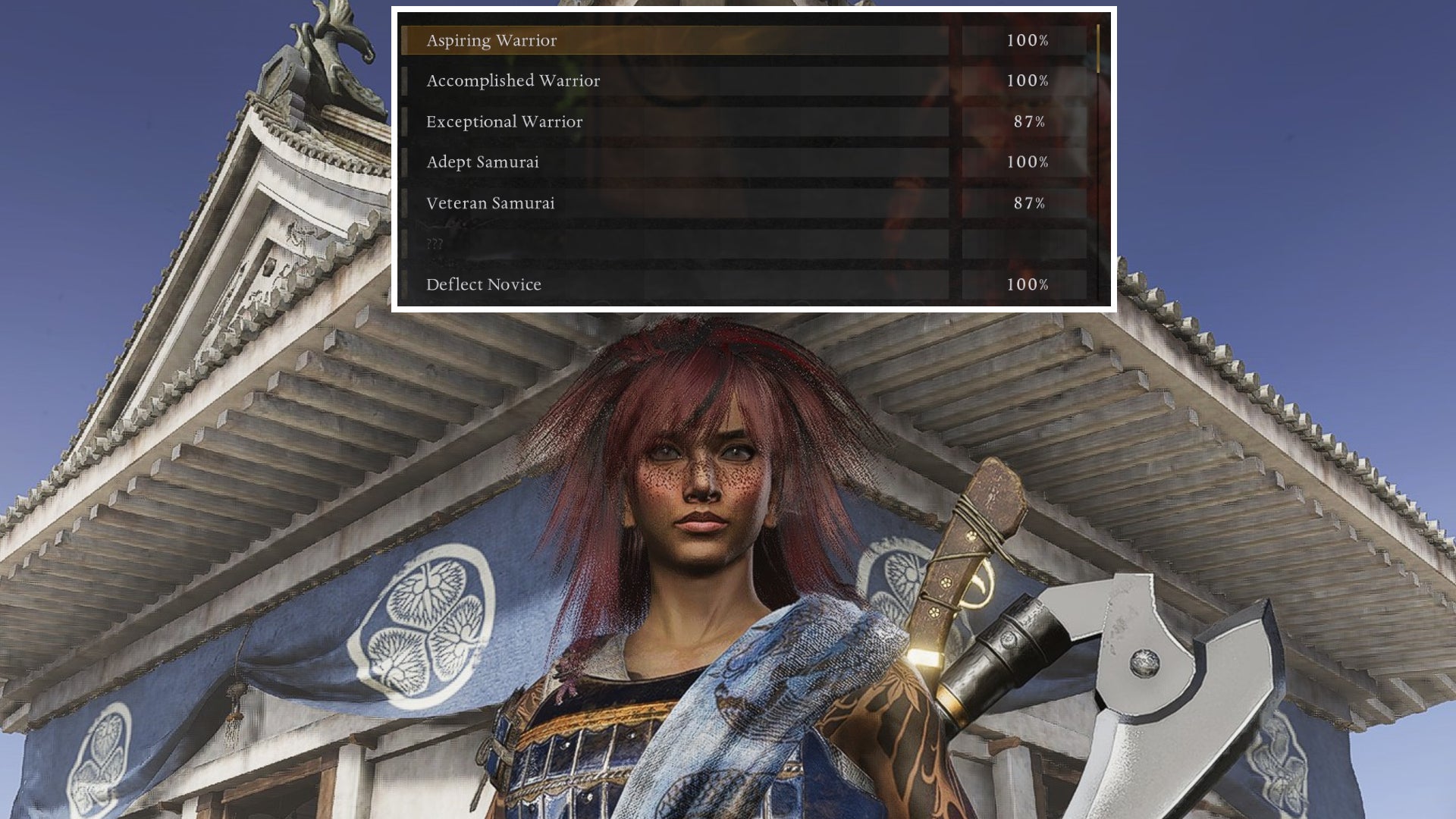 A female player character in Nioh 3 stands smiling in front of a castle, with a list of Titles above her. - 1
