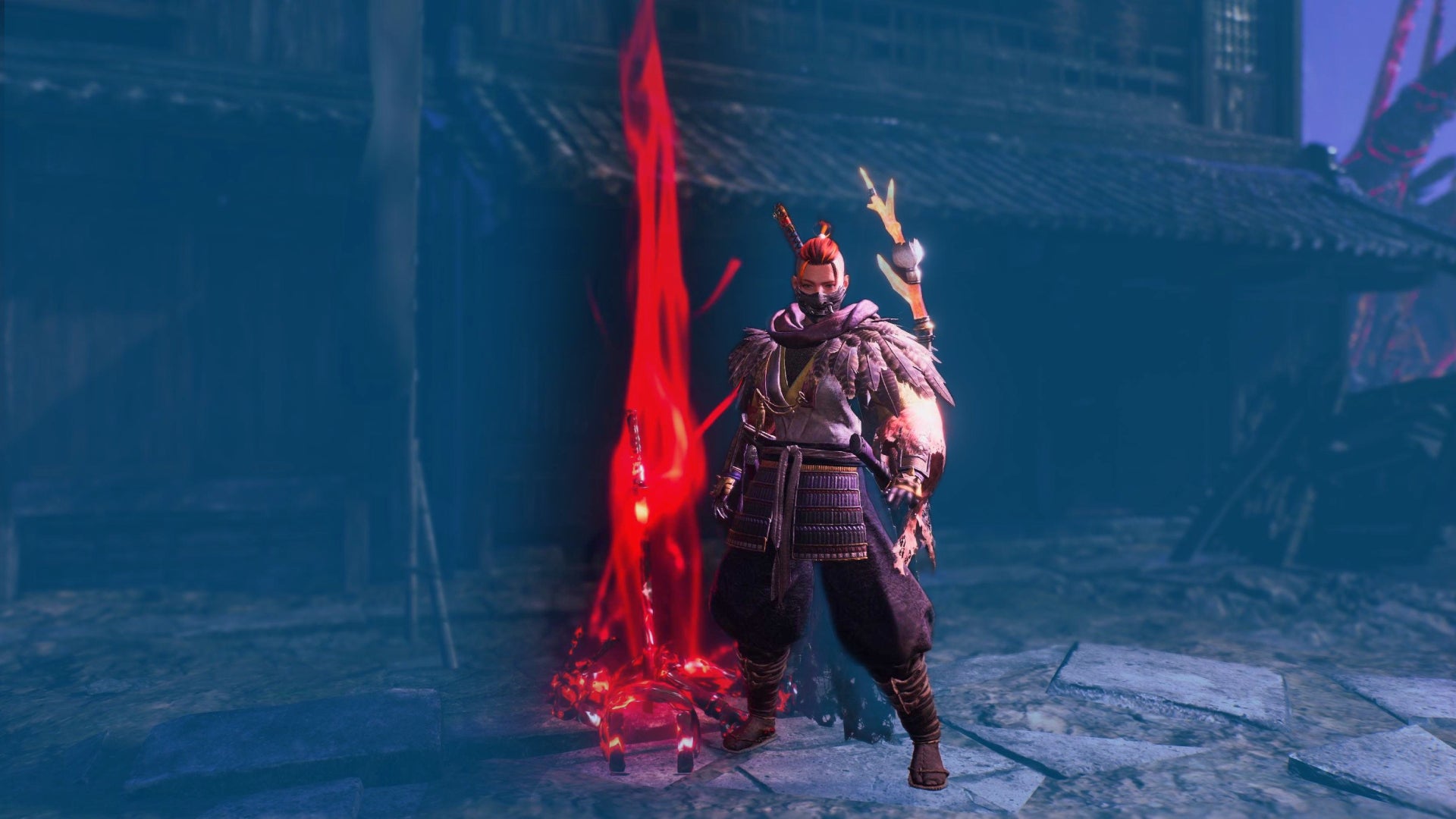 A character stands by a Bloody Grave in Nioh 3, dressed in feathered ninja gear