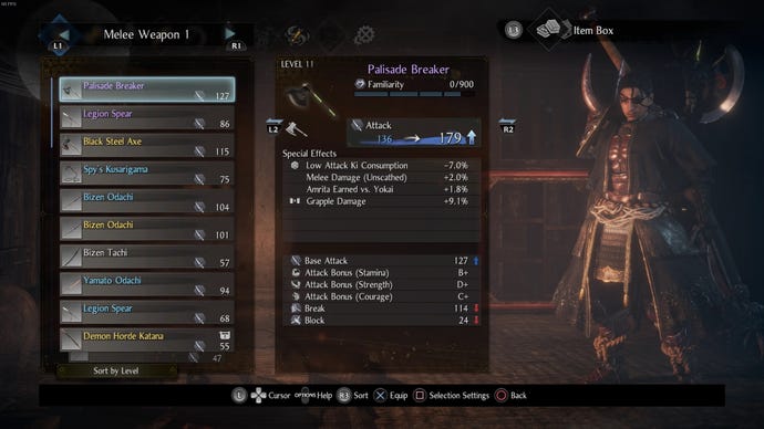 I scan through a long list of weapons I’ve looted.