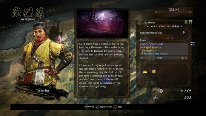 At the world map screen an NPC has a mission for me. I can see my task and the rewards I’ll get upon completion.