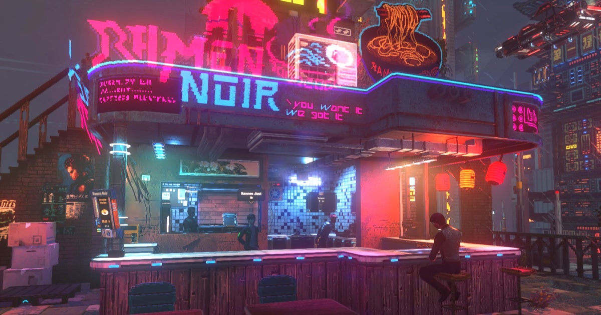 Nivalis Nights screenshot showing the neon-drenched Ramen Noir noodle bar against the backdrop of a dystopian city.