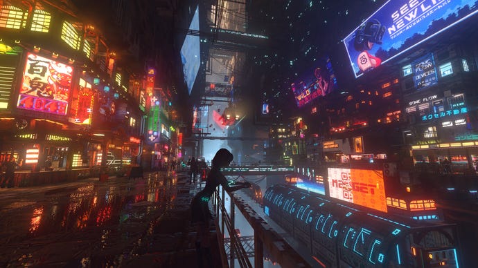 Looking across a cyberpunk city in a Nivalis screenshot.