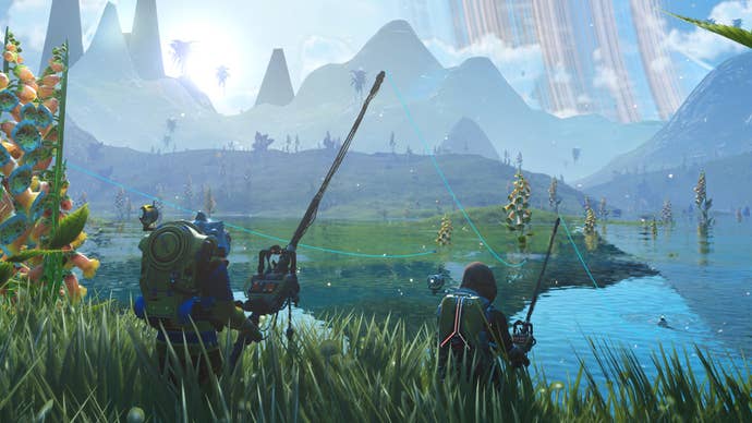 A screenshot of No Man’s Sky’s Aquarius update showing several players sat on the verdant shore of a vast, shimmering lake, fishing rods in hand.