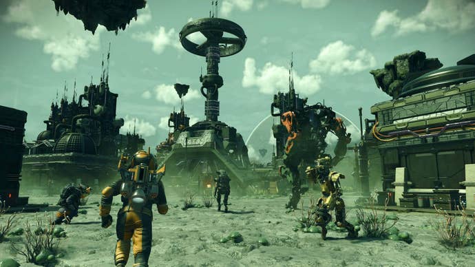 A subordinate quality is walking astir a metallic town, robot radical besides walking astir successful No Man's Sky.