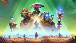 Promotional art for No Man's Sky's Echoes update showing a lone space traveller standing on a desolate alien landscape while a variety of giant robot figures loom overhead against an ominous green sky.
