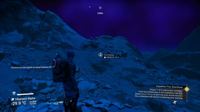 No Man’s Sky - The player stands on a snowy, dark and barren planet looking at a waypoint showing their ship’s location which is a ten-minute walk on foot. The temperature is reported at -29.9 Celcius.