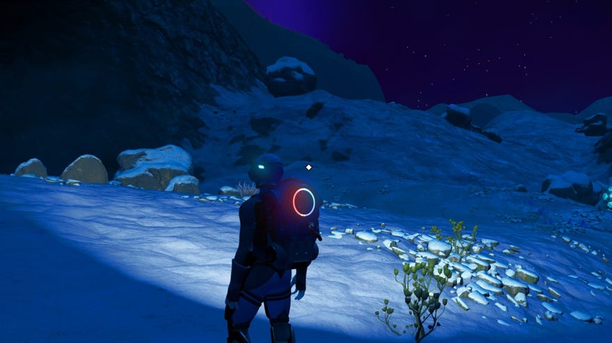 No Man’s Sky - The player stands on a dark and snowy planet alone.