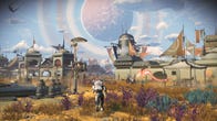 No Man's Sky frontiers update - A player on the surface of a yellow grassy planet runs towards a settlement full of buildings