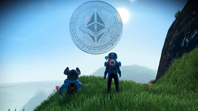 A scene from No Man’s Sky where a player stands on a hill looking at a distant planet in a hazy blue sky, except the planet is an Etherium coin