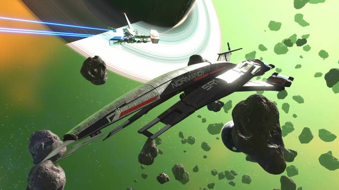 A screenshot showing Mass Effect’s SSV Normandy SR1 orbiting a ringed planet in No Man’s Sky.