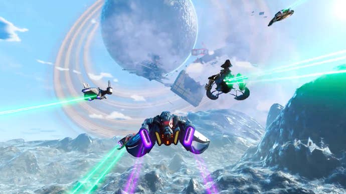 A screenshot from No Man’s Sky’s Omega update showing the new Starborn Starship jetting away from a planet and into space.