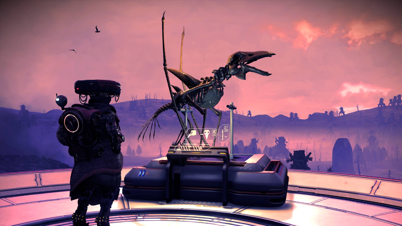 A character staring at a big alien fossil display in No Man's Sky. - 1