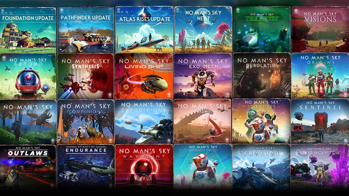 A collage showing cover art and titles for 24 of No Man’s Sky’s named updates released over the last seven years.