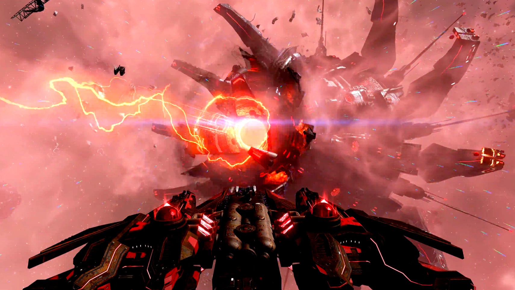 No Man's Sky Breach update image showing a ship approaching the enormous orb-like Hive of Glass in space as a crackling red energy beam spills from its glowing iris.