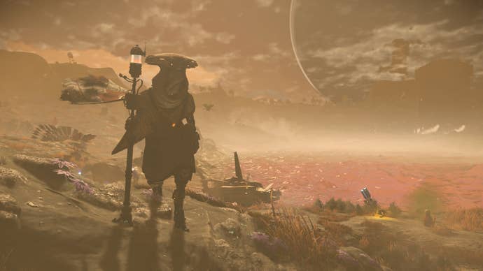 A screenshot from No Man’s Sky’s Worlds Part 1 update showing a robot-like being standing on a rock overlooking a red ocean with a vast planet visible through the clouds behind them.
