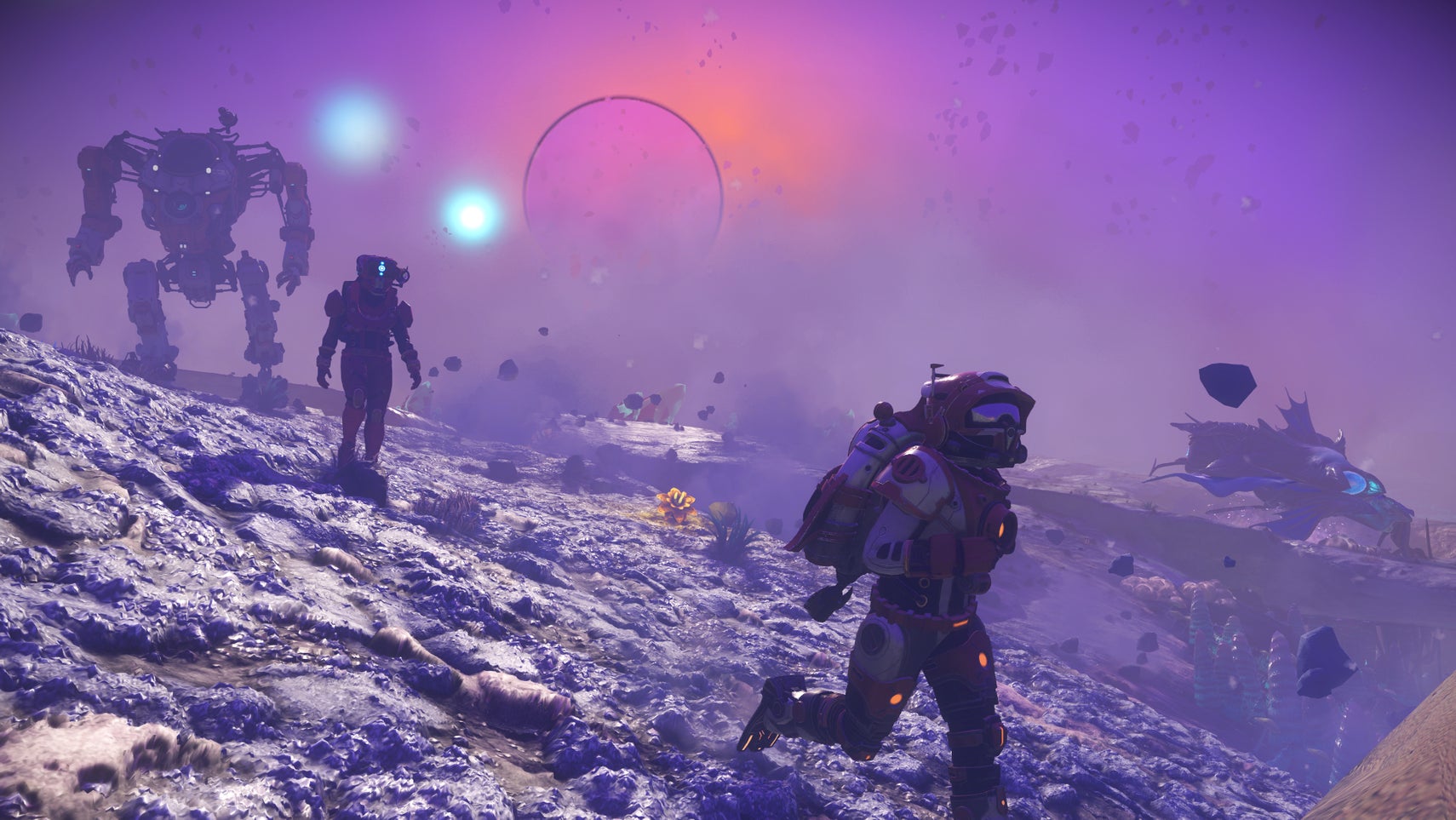 Some astronauts and a mechs on a purple planet in No Man's Sky. - 1