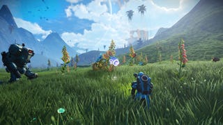 A player exploring one of new planet biomes from No Man's Sky's Worlds update part one.