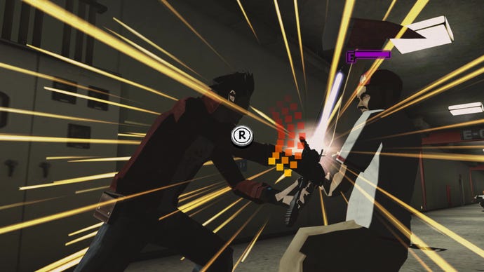 A screenshot from No More Heroes which shows Travis locking swords with an enemy, yellow sparks fly outwards and there’s a button prompt to waggle the right stick to win.