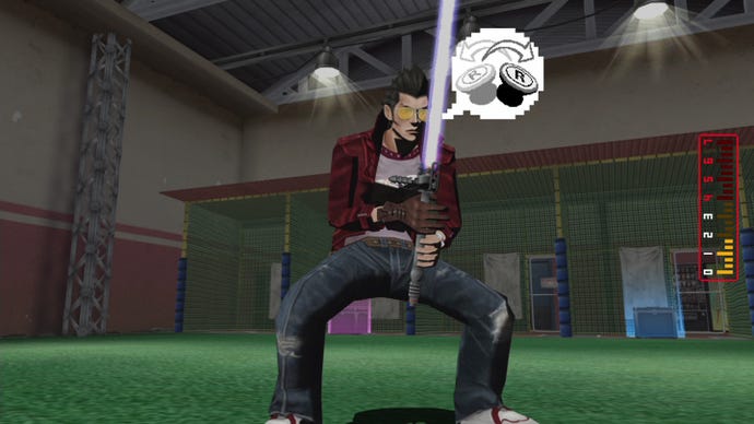No More Heroes - Travis Touchdown holds his beam katana while standing in a batting center with a UI prompt indicating moving the right gamepad stick back and forth.