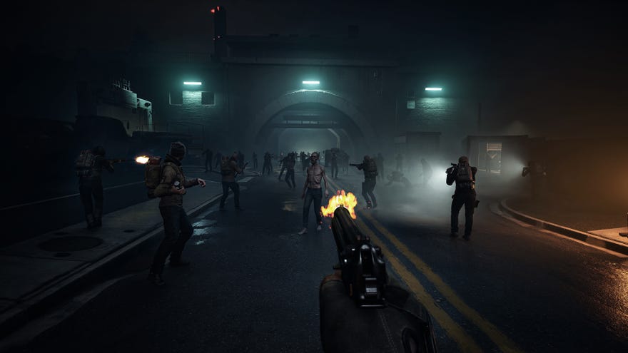 A promotional screenshot showing a group fighting zombies in No More Room In Hell 2.