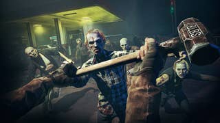 Artwork from No More Room in Hell 2, showing a player raising a hammer in front of a horde of zombies.