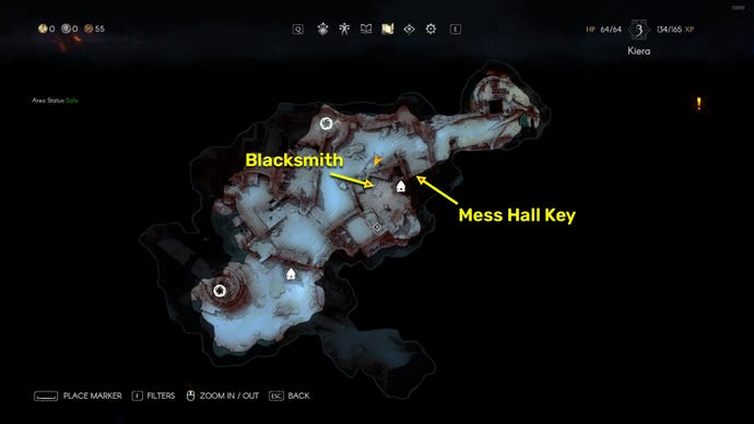 Screenshot of the map location of Fillmore and the Mess Hall Key in No Rest For The Wicked.