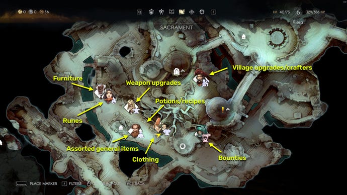 Screenshot of Sacrament merchant locations in No Rest For The Wicked.