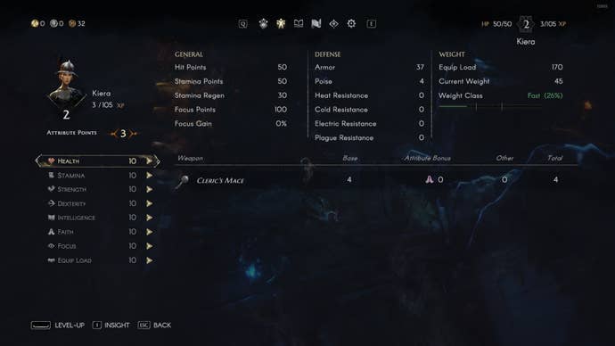 Screenshot of all the stats in No Rest For The Wicked.