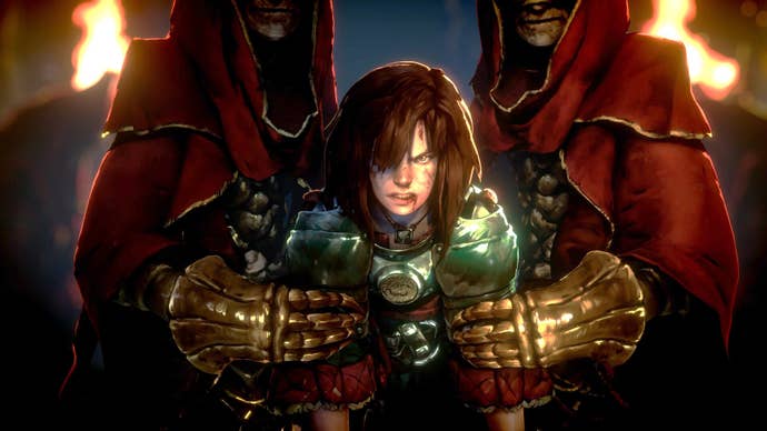 A bloodied person being held back by two robed figures wearing gauntlets from No Rest for the Wicked