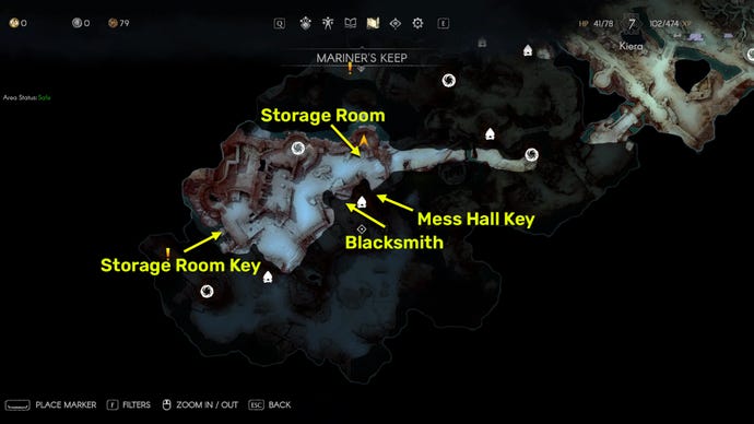 Captura de pantalla de ubicaciones clave del mapa en Mariner's Keep, No Rest For The Wicked.